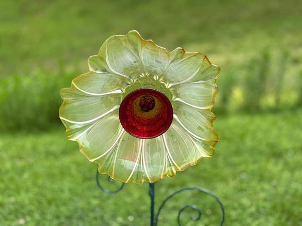 Yellow with Ruby Red Center — Large Glass Flower