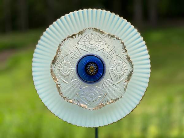 White with Blue Center — Large Glass Flower